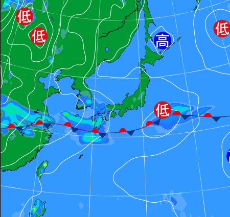 南海上から九州南部にかけて停滞する梅雨前線